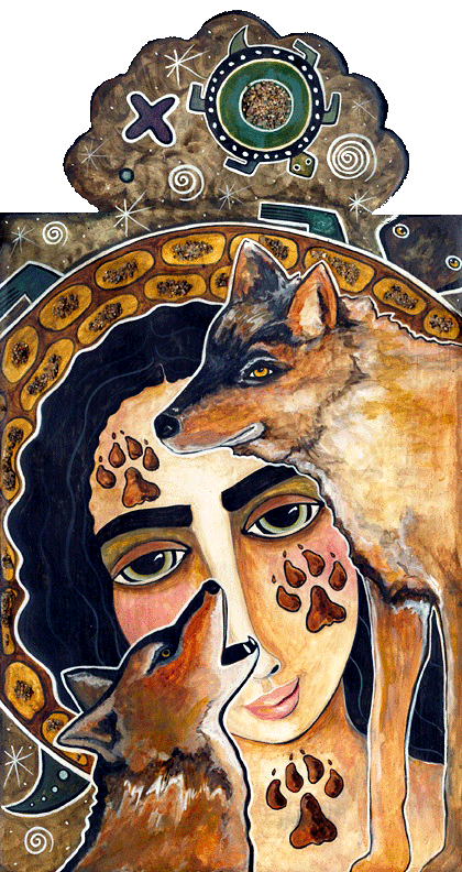 Princess
                  Moonbeam and Two Wolves retablo by Virginia Maria
                  Romero