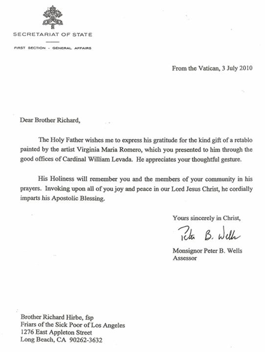 Letter from Pope
                      Benedict XVI expressing gratitude for Virginia
                      Maria Romero's Unity retablo